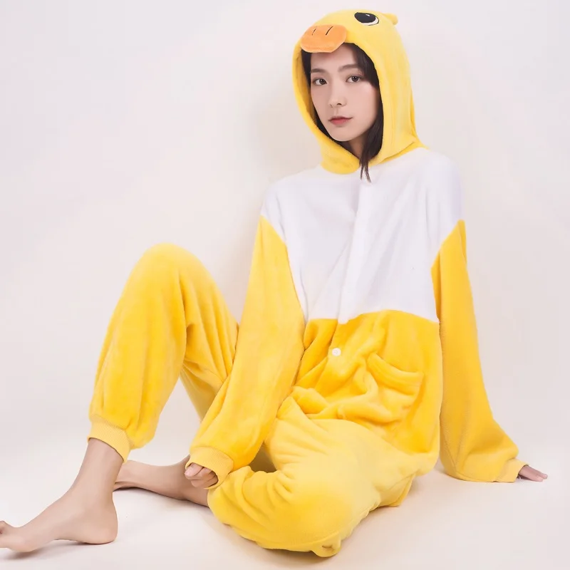 duck Пижама с животными для взрослых; Фланелевая Пижама для косплея с единорогом из мультфильма «Тоторо Пикачу»; теплая зимняя Пижама для женщин и мужчин - Цвет: duck