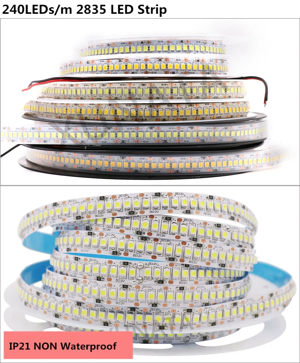 Скачки 10 мм Ширина 5 м однорядные 2835 SMD Светодиодные ленты 12В гибкий 240 светодиодный/м холодный белый, теплый белый, RGB Водонепроницаемый светодиодный светильник