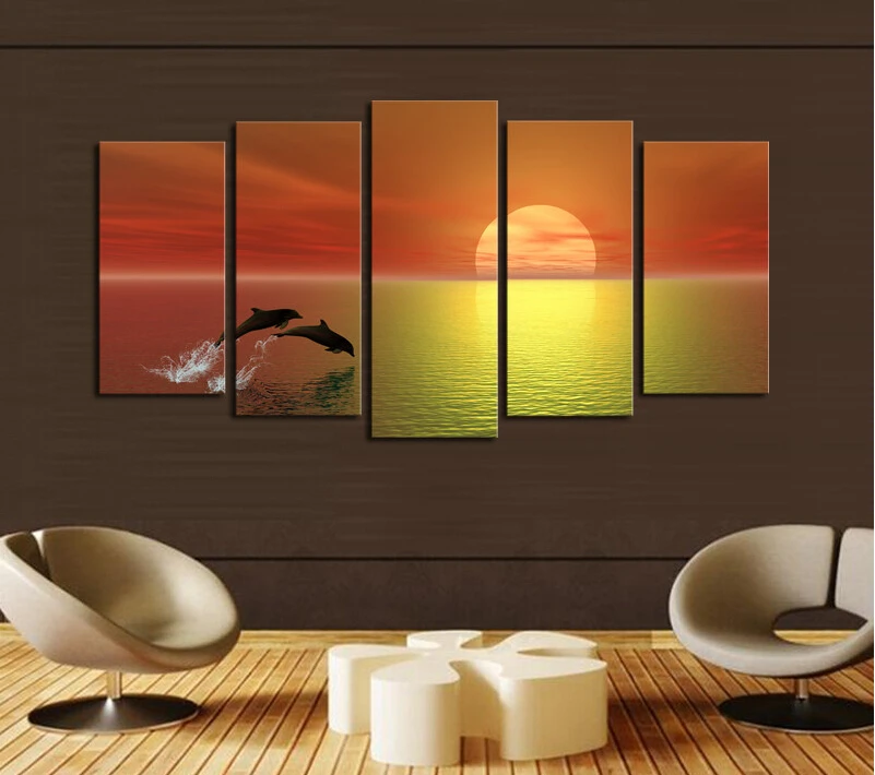 

Cuadros Painting 5 Panels(no Frame)Sunset Dolphin Seaview Modern Home Wall Decor Painting Canvas Art Hd Print Picture Home Decor
