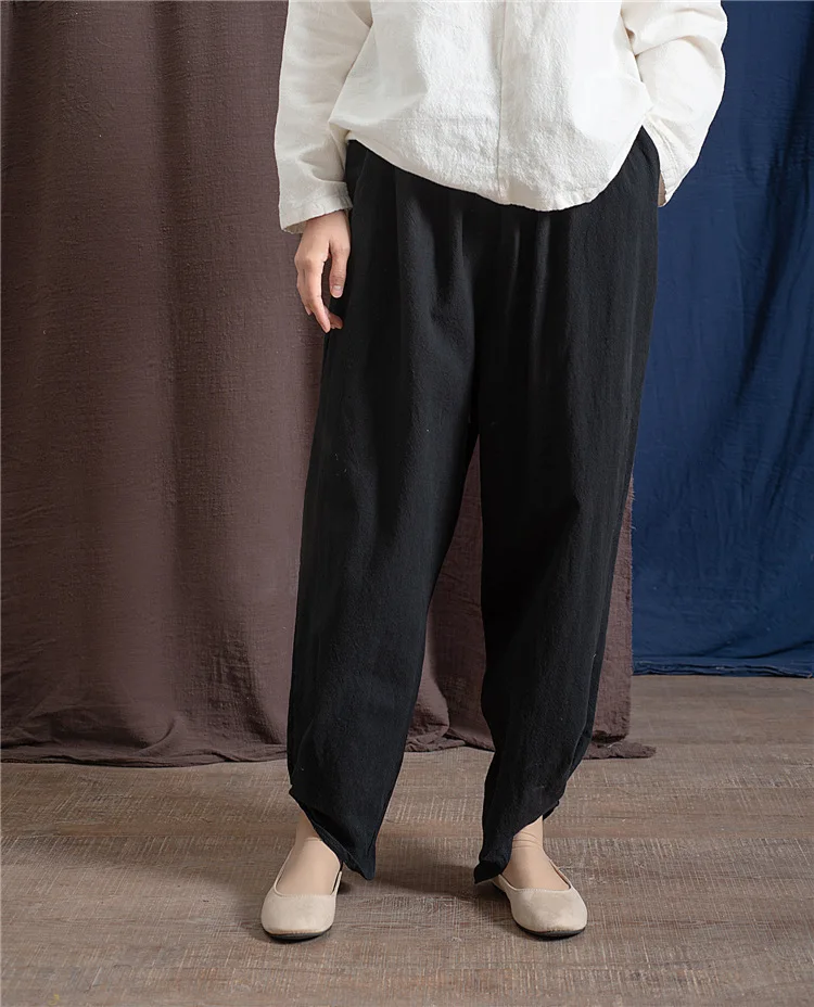 SCUWLINEN, женские штаны, винтажные, одноцветные, с эластичной талией, подходят ко всему, льняные штаны, повседневные, свободные, шаровары, штаны для женщин P083