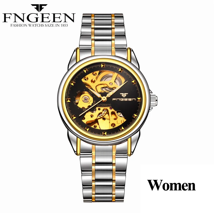 Women Two-tone Black Reloj Mujer Tourbillon наручные часы со скелетом для женщин Horloge 30 м Водонепроницаемые стальные автоматические часы для мужчин часы для влюбленных - Цвет: Women Two-tone Black