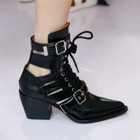 new fashion cool womens shoes pointed summer womens boots soft surface leather black thick thick heel shoes wild hollow women