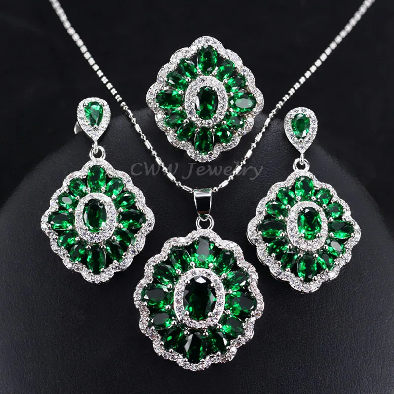 green CWWZircons Модное Украшение с Фианитами Серебро 925 Проба Набор для Женщин Кольцо Подвеска Серьги с Большими Разноцветными Кубическими Цирконами T261 - Окраска металла: green