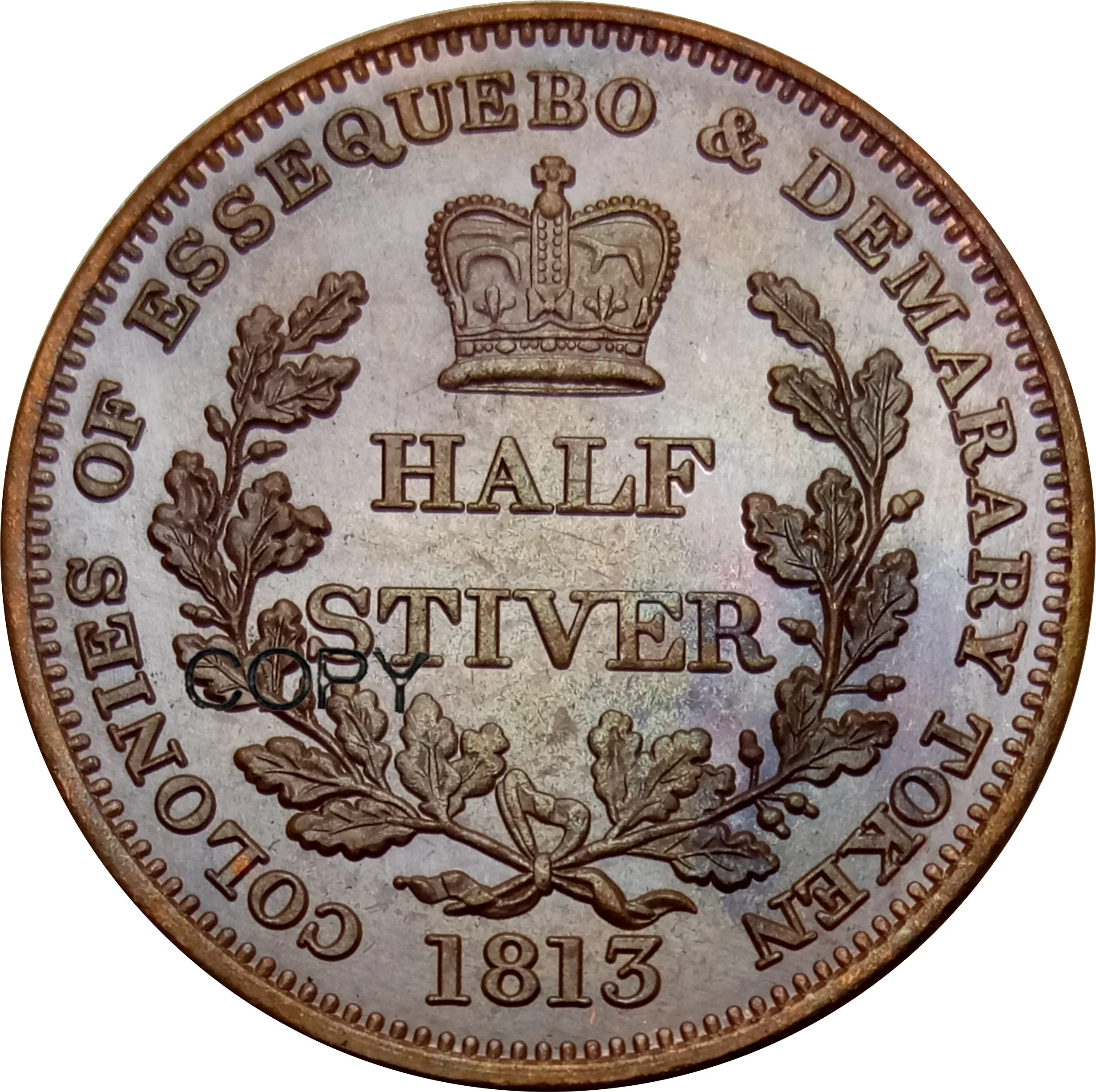 Английская колония Demerara Essequibo 1/2 Stiver Джордж III 1813 красная медная копия