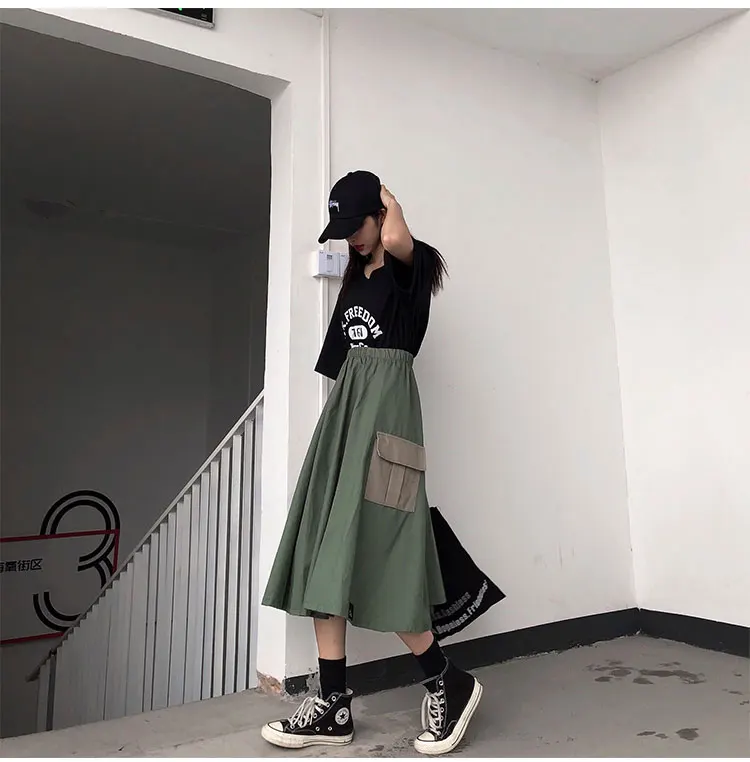 Хаки камуфляж зеленый карман Высокая талия карго уличная Harajuku Корейская женская мода свободная А-силуэт длинная юбка миди летняя Mori Girl