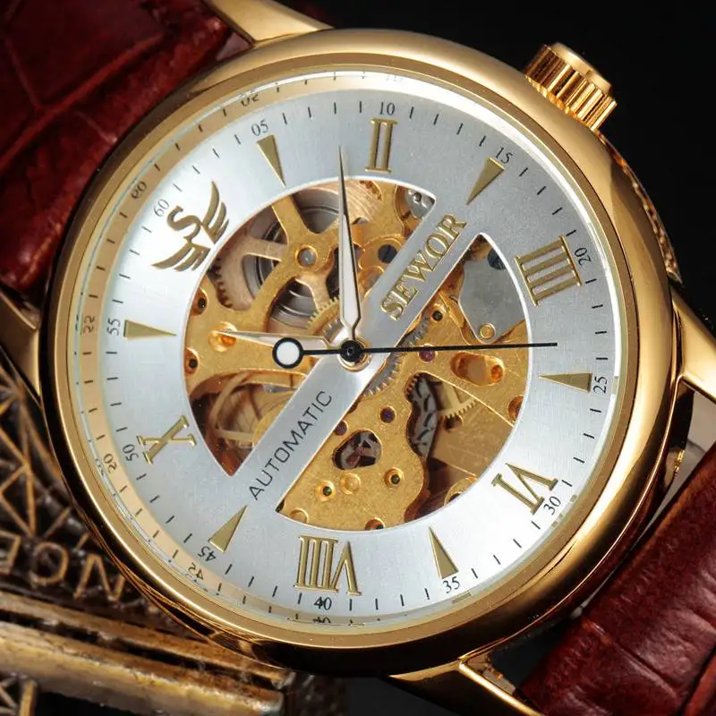 SEWOR механические золотые часы мужские брендовые с кожаным ремешком роскошные
