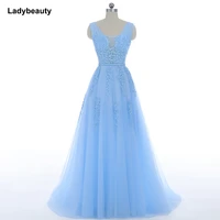 ladybeauty new elegant sweet evening dress light blue lace v neck lacing long the bride party sexy backless prom gowns custom