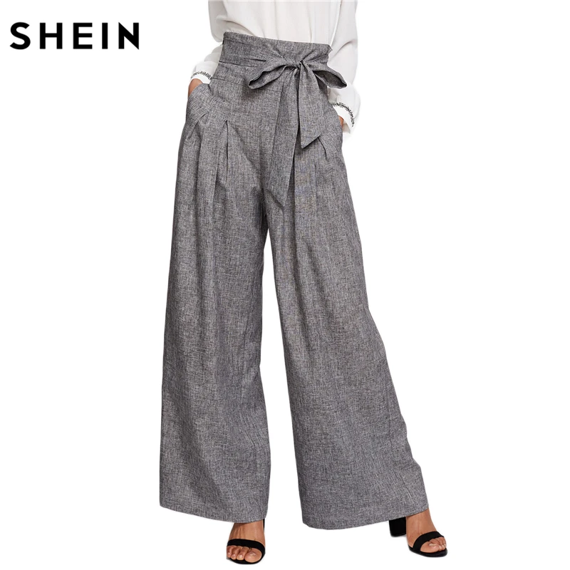 SHEIN Модные Брюки С Поясом Женские Весенние Серые Повседневные Брюки С Высокой Талией