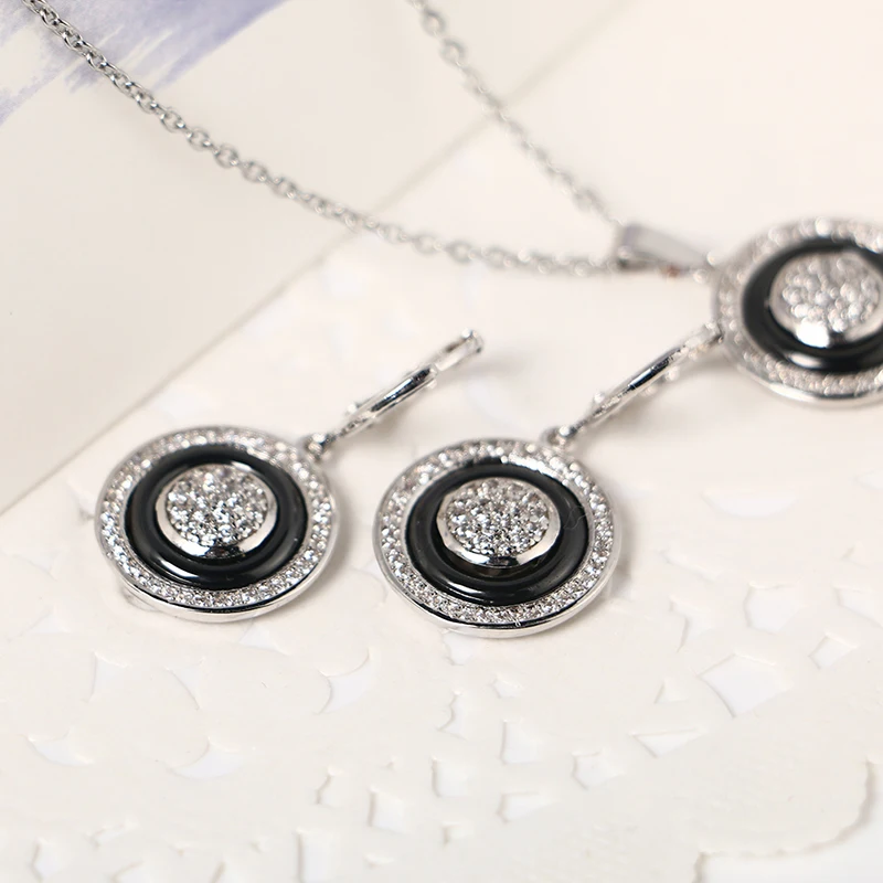 New Round Women Jewelry Set Shining Crystal Silver Metal Pendants Necklaces Black Ceramic Drop Earrings Vintage Fashion Jewelry
