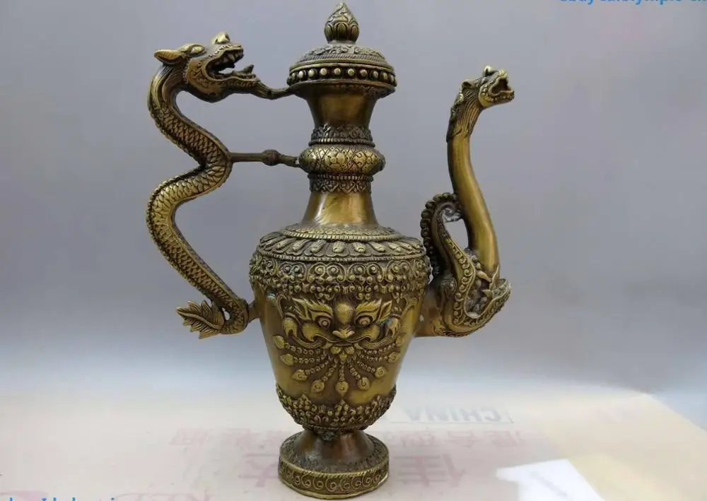 

12 "Китайская латунная медная резная фигурка в виде головы Будды и дракона горшок для вина, кувшин для напитков статуя