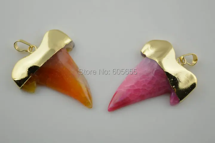 Позолоченные Зубы Акулы Формы Шкентель Розовый и Желтый Камень Подвески Мода