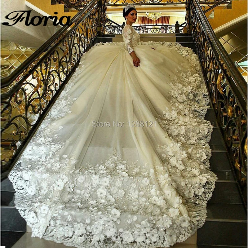 

2019 Turkish Muslim Ball Gown Wedding Dresses Saudi Arabic Rpyal Train Appliqued Long Sleeve Wedding Bride Gown Vestido De Noiva