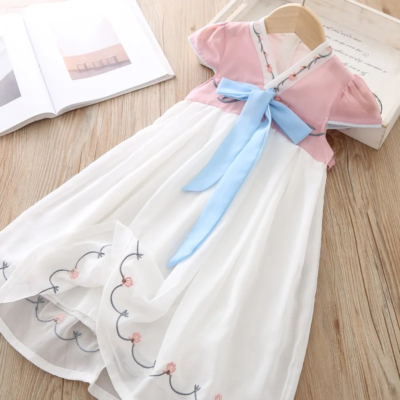 girls dress summer children's clothing white Chinese Style Students wear fashion Cloth silk Leisure Flower Princess | Детская одежда