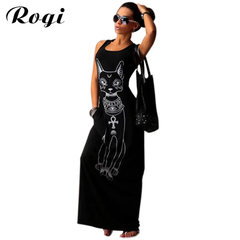 Rogi Summer Women Beach Dress Vintage Cat Print Bodycon Party Dresses Sexy Sleeveless Long Tank Boho Vestidos Largos Mujer | Женская