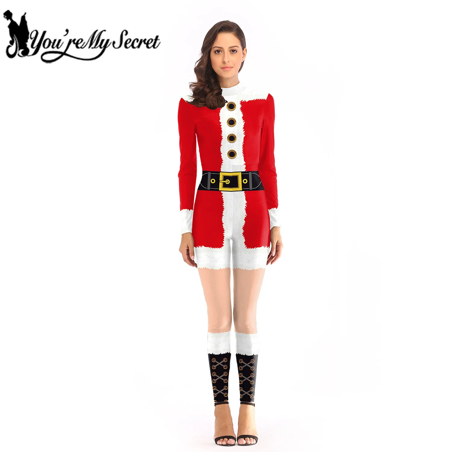 

[You're My Secret] Winter Christmas Women's Costume Holiday Santa Claus Jumpsuit Red Party Digital Print Costume Bodysuit