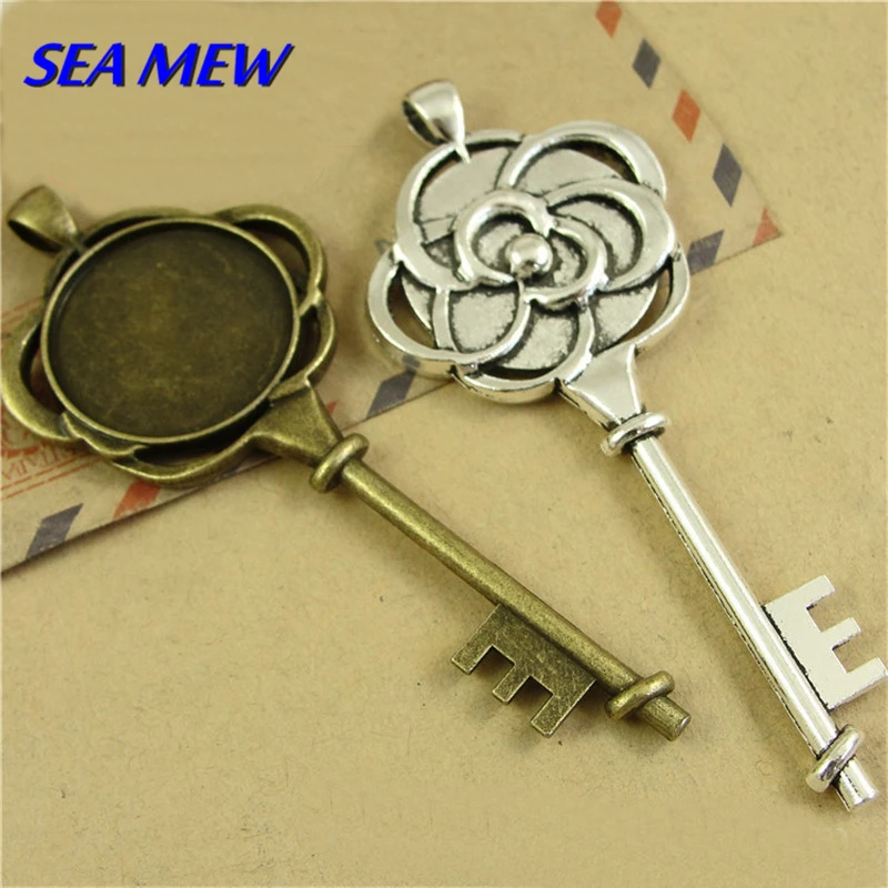 

25MM Round Cabochon Antique Bronze/Silver color Flowers Key Pendant Blank Setting Vintage Alloy Pendant Base Jewelry Findings