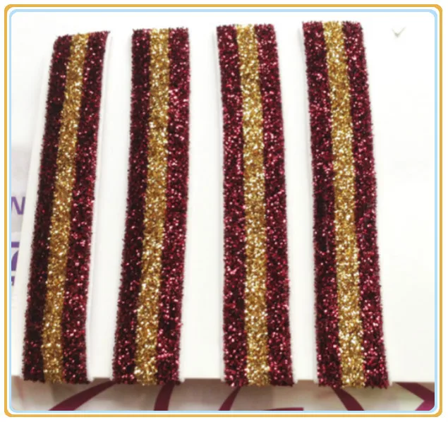 

(Price Negotiated) 5/8" Scarlet / Gold / Scarlet Striped Color Elastic Glitter Ribbon