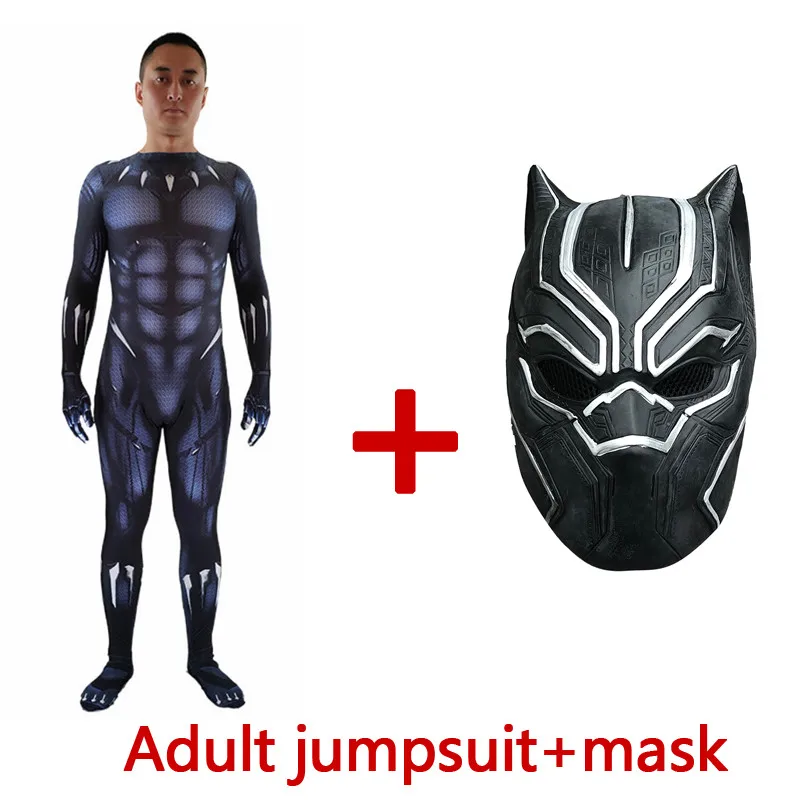 Adult jumpsuit mask Черный пантера взрослые дети царь Ваканды Косплэй костюм комбинезон Необычные костюм кошки из лайкры и спандекса, костюм маска Customizated костюм для Хэллоуина с длинным рукавом - Цвет: Adult jumpsuit mask