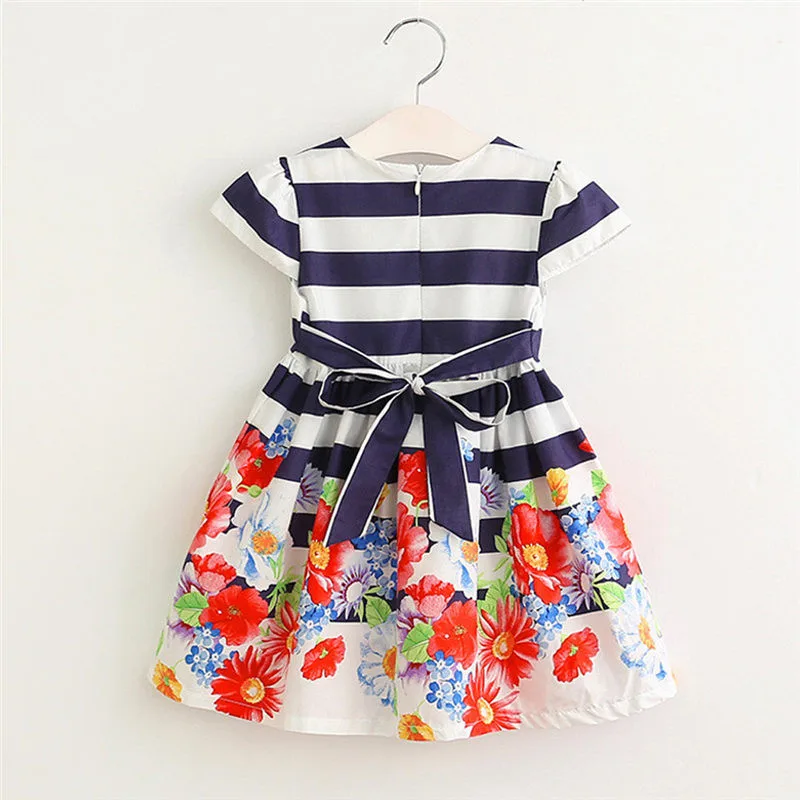 Hot Selling Fashion Lovely Girl Summer Dresses Toddler Kids Short Sleeve Flowers Striped Princess Dress Casual Clothes Outfits | Детская