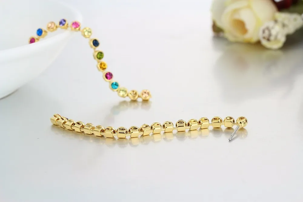 Желтое Золото Цвет Multi-Цвет Радуга вокруг кристаллы падение длинной цепи Серьги