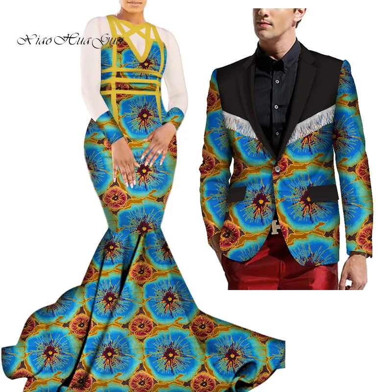 16 African Mermaid Bazin Riche Dresses for Couples Dashiki African Couple Clothing Women's Dress+Men's Blazer 2 Pieces Set WYQ275 - Color: 16