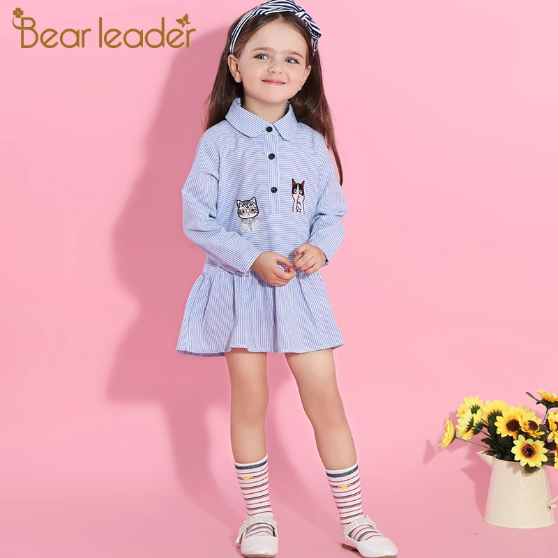 Bear leader/платье для девочек коллекция года; модные рубашки; платья Детские платья с длинными рукавами в синюю полоску с вышитым воротником
