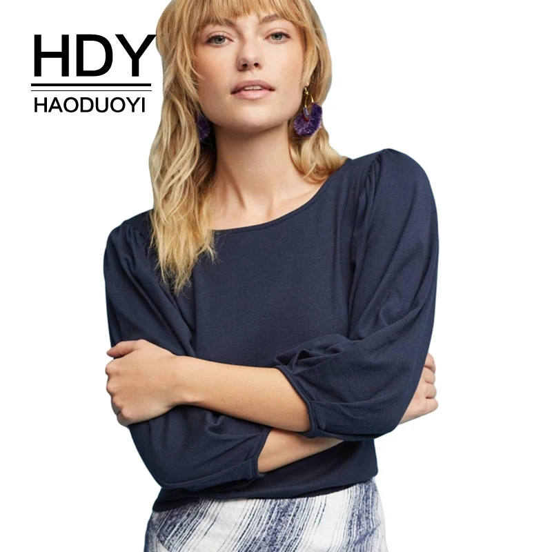 Женские хлопковые футболки HDY Haoduoyi темно синие повседневные с рукавами