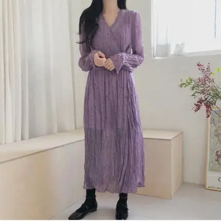 Женское длинное винтажное платье-рубашка фиолетовое черное с длинным рукавом и