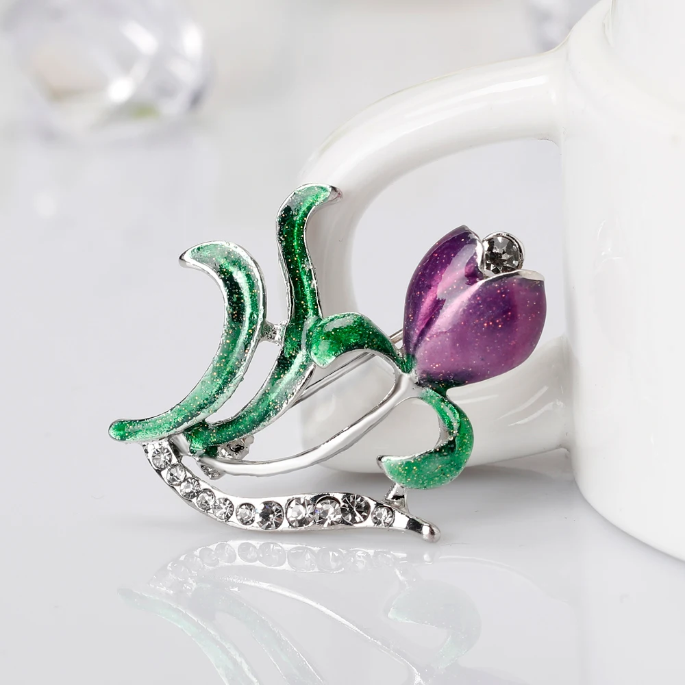Danbihuabi Эмаль Фиолетовый цветок зеленый лист Красный Rhinestone Броши Для женщин
