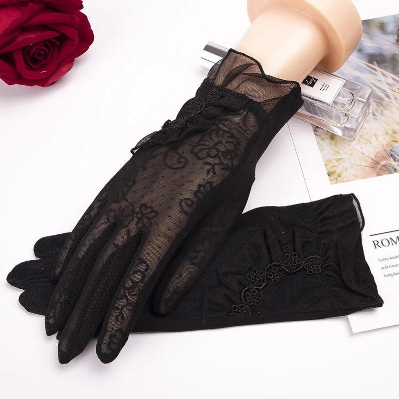 Side Ruffle Black Кружевные летние солнцезащитные Короткие наручные перчатки, весенние модные перчатки с сенсорным экраном и УФ-защитой от солнца, перчатки для вождения автомобиля, вечерние женские перчатки Guantes Mujer - Цвет: Side Ruffle Black