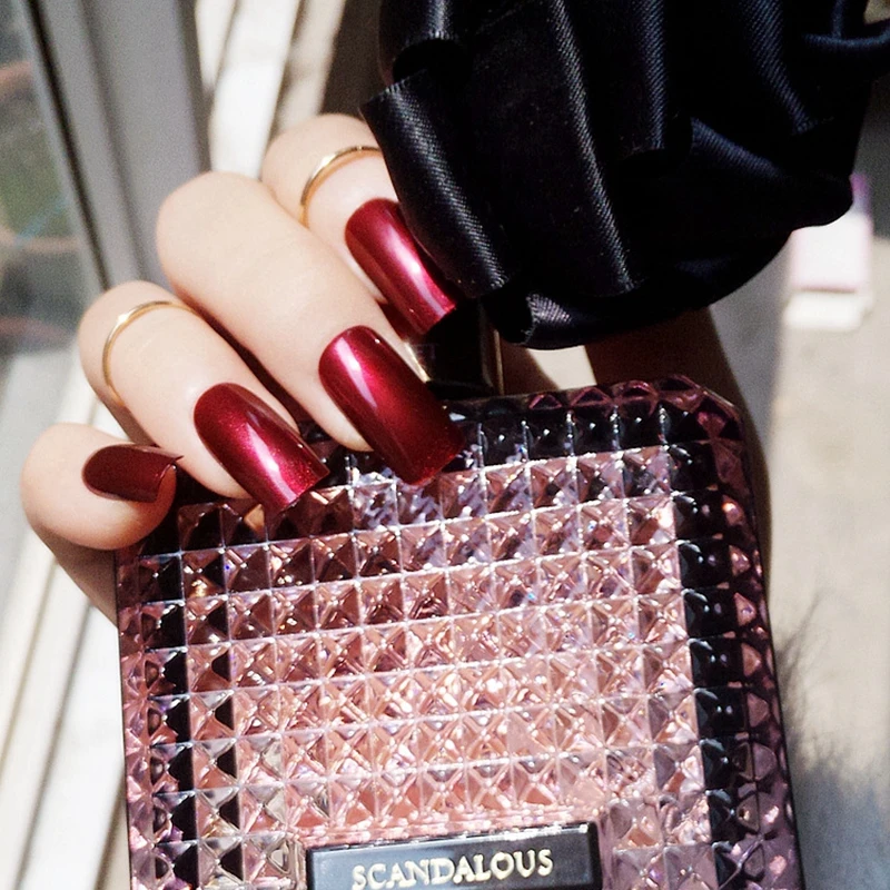 Зеркальные отражающие вампирские красные накладные ногти блестящие квадратные