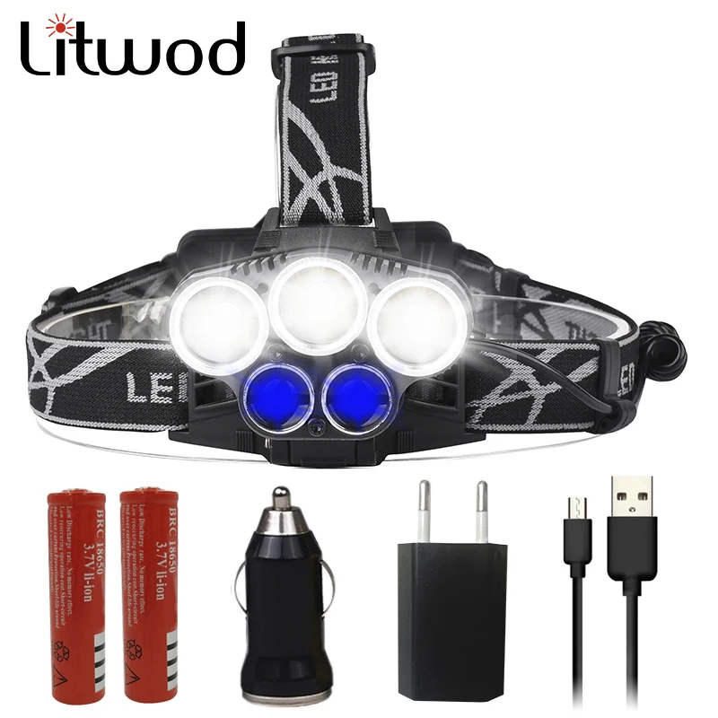 Litwod Z202309A Мощный 5 светодиодный налобный фонарь 3 шт. XML T6 голубой свет и белый