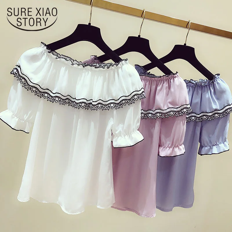 Korean Fashion Clothing 2021 Ladies Tops Shirt Of Women Solid Slash Neck Shirts White Blouse Off Shoulder Top 3510 50 | Женская одежда