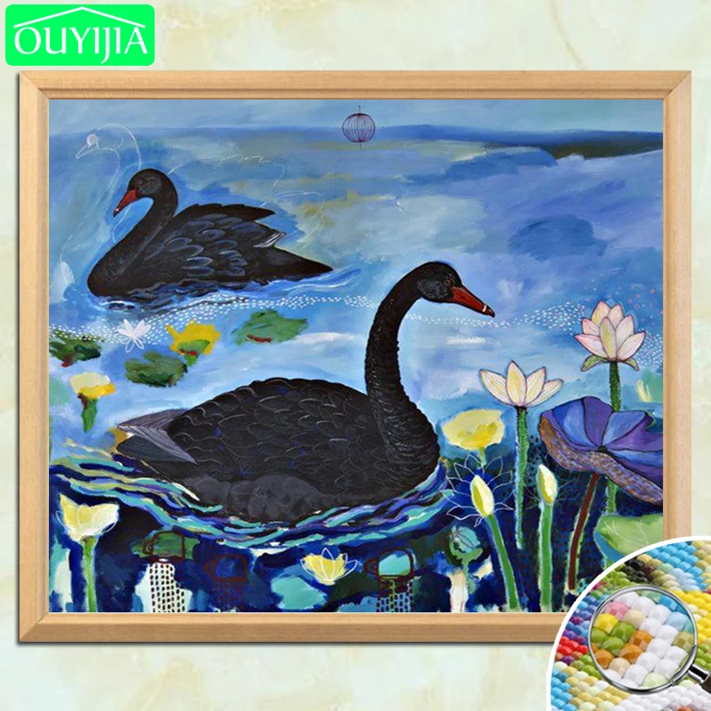 OUYIJIA 5D DIY Алмазная картина &quotчерные Лебеди и синяя вода&quot полностью квадратная
