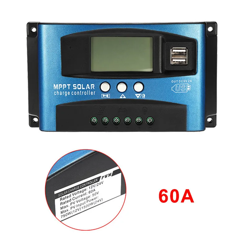 60A 30/40/50/60/100A MPPT Контроллер заряда для фотоэлектрических систем, два USB выхода, ЖК-дисплей Дисплей 12V 24V авто светодиодный фонарь на солнечной батарее Панель Зарядное устройство регулятор с нагрузкой - Цвет: 60A