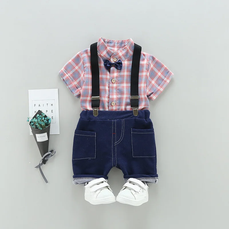 0-5 Years Kids Boys Clothes Sets 2pcs Gentlemen Suits Plaid Stand Collar T shirt+Jumpsuit Shorts New Summer Boy Sports Suit Z556 |