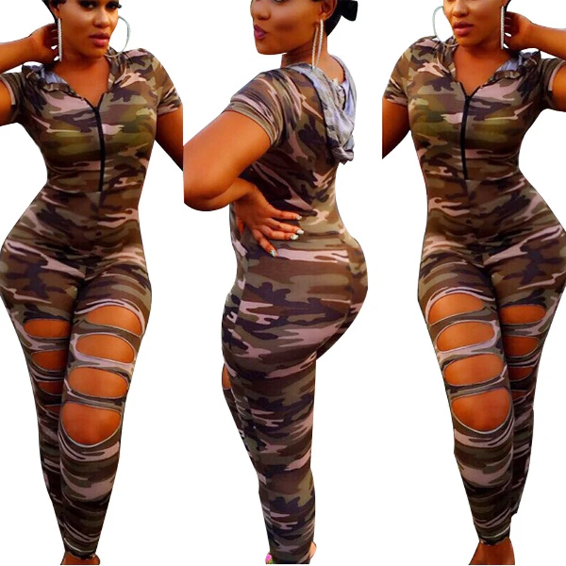 Cool Camouflage Print Women Short Sleeve Hooded Jumpsuit Fashion Hole Bodycon Bodysuit Zipper Front Rompers Long Pants Playsuit | Женская