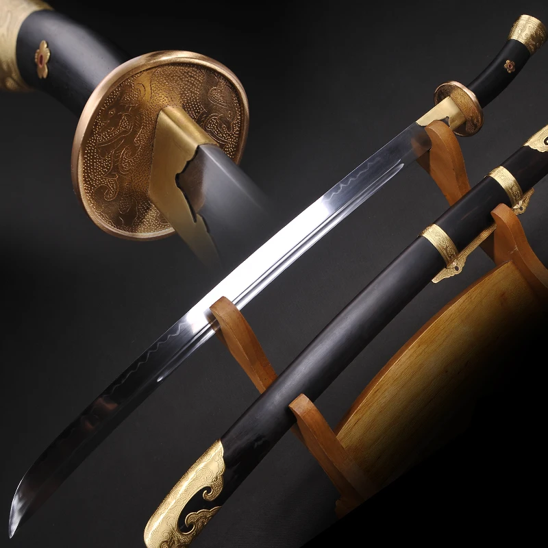 Китайский династии Цин меч ручной работы T10 сталь + ГЛИНА ЗАКАЛЕННОЕ Эбеновое