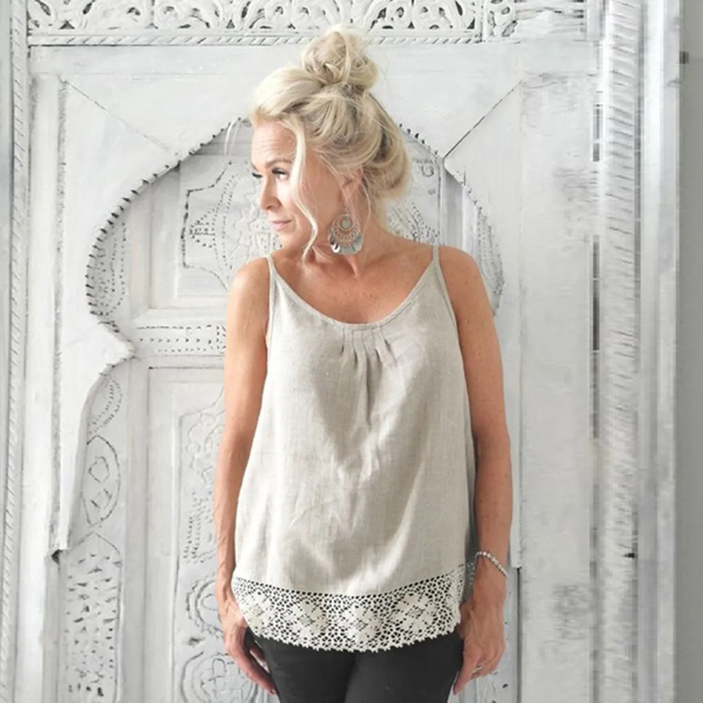 Летняя модная повседневная майка из хлопка и льна с кружевными бретельками топ