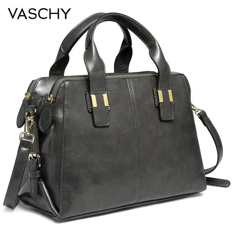 Gray VASCHY Patent Leather Satchel Bag for Women Fashion Top Handle Handbag Work Tote Purse with Triple Compartments Briefcase - Цвет: Gray