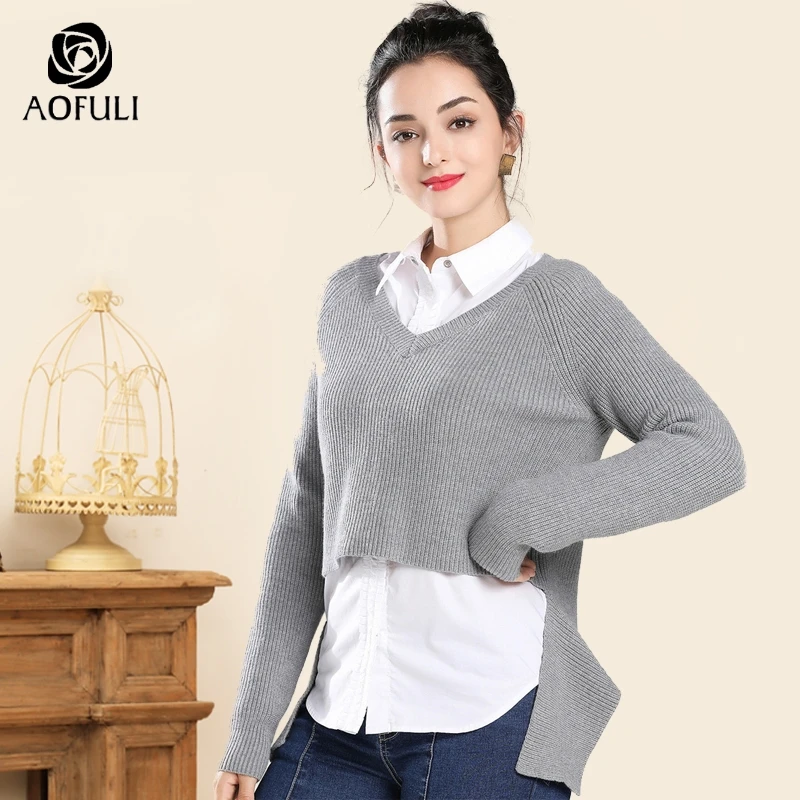AOFULI Chic Plus Размеры Для женщин серый свитер трикотажный пуловер укороченный топ