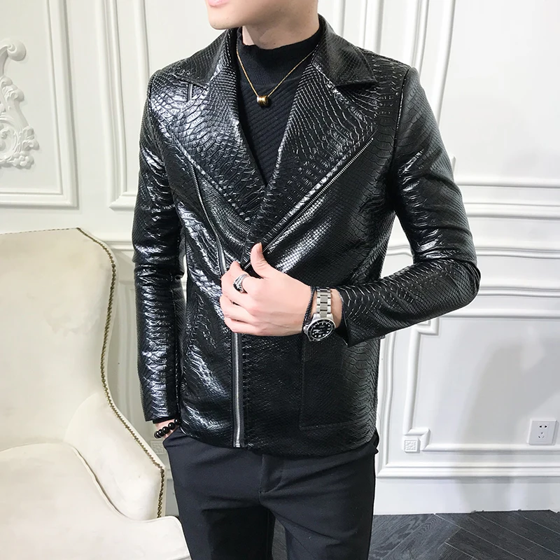 Мужской кожаный костюм с Диагональной молнией Осень зима 2019|Куртки из