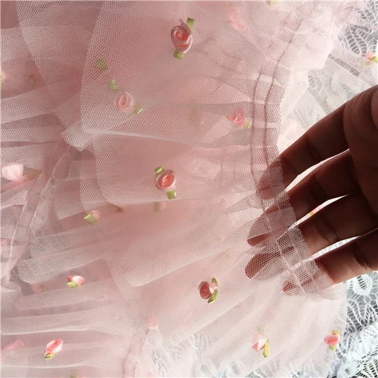 

5Yards/lot Mesh Embroidered Pink Soft Ruffle Lace Trim Fabric High Quality width 9cm Free shipping-Time