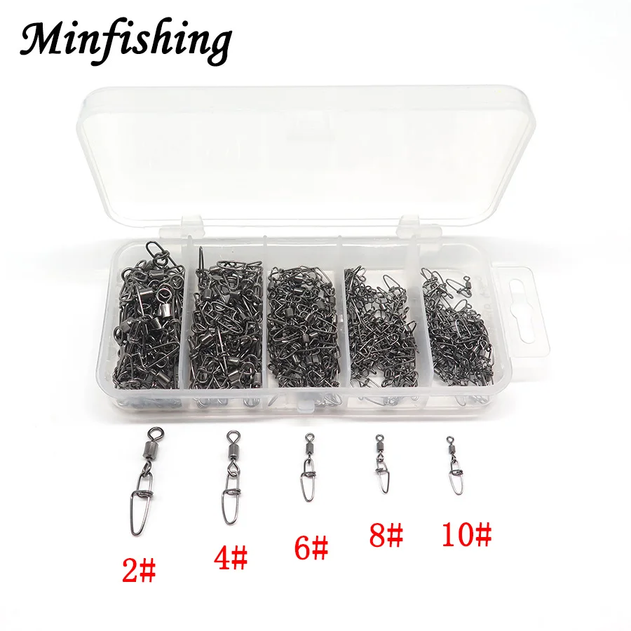 

Minfishing 250 pcs/box Fishing Swivel Hook Lure Connector Rolling Barrel Swivel with Safety Lock Snap Retail Plastic Box