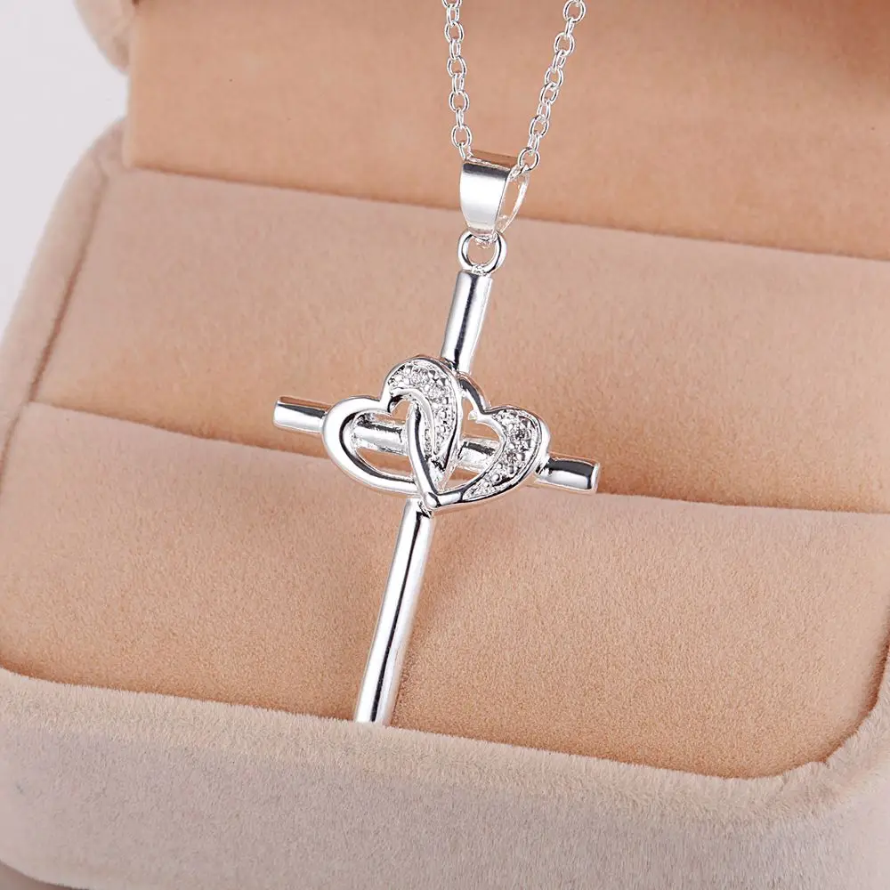 Женское ожерелье из серебра 925 пробы с подвеской крестом|heart necklace|necklace doublechain necklace