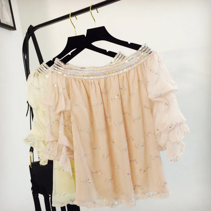 new embroidery sequins word han edition loose fairy dew shoulder chiffon unlined upper garment lantern sleeve blouse |
