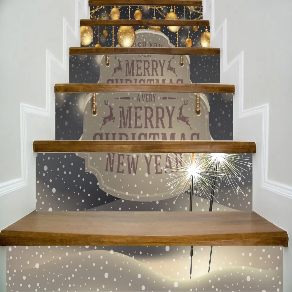 

6pcs/set 18cm x 100cm Golden Ball Fireworks Merry Christmas Quotes Stair Sticker Art Poster LTT085