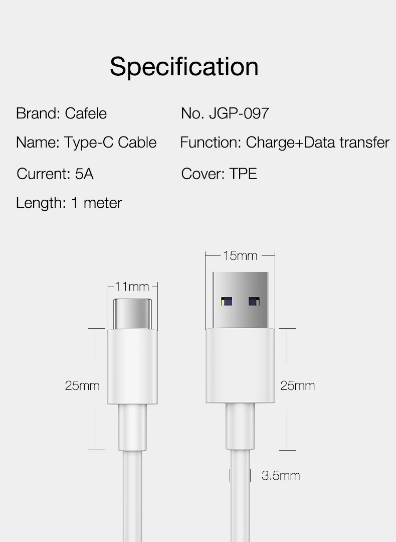 Cafele 1 м USB C кабель 5A type C кабель для huawei mate 20 супер быстрая зарядка TPE кабель для передачи данных usb type C для samsung
