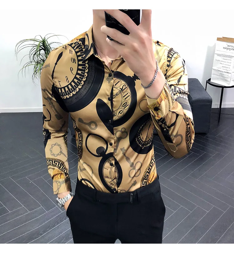 6XL, 19 цветов, модная повседневная приталенная Мужская рубашка с длинным рукавом и принтом из бутика/Высококачественная Мужская Клубная рубашка на выпускной