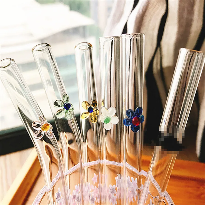 

8PCS/set Creative Flower Glass Straw Reusable Glass Drinking Straws Cleaner Brush Bent Glass Straws For Smoothies Juice Tea